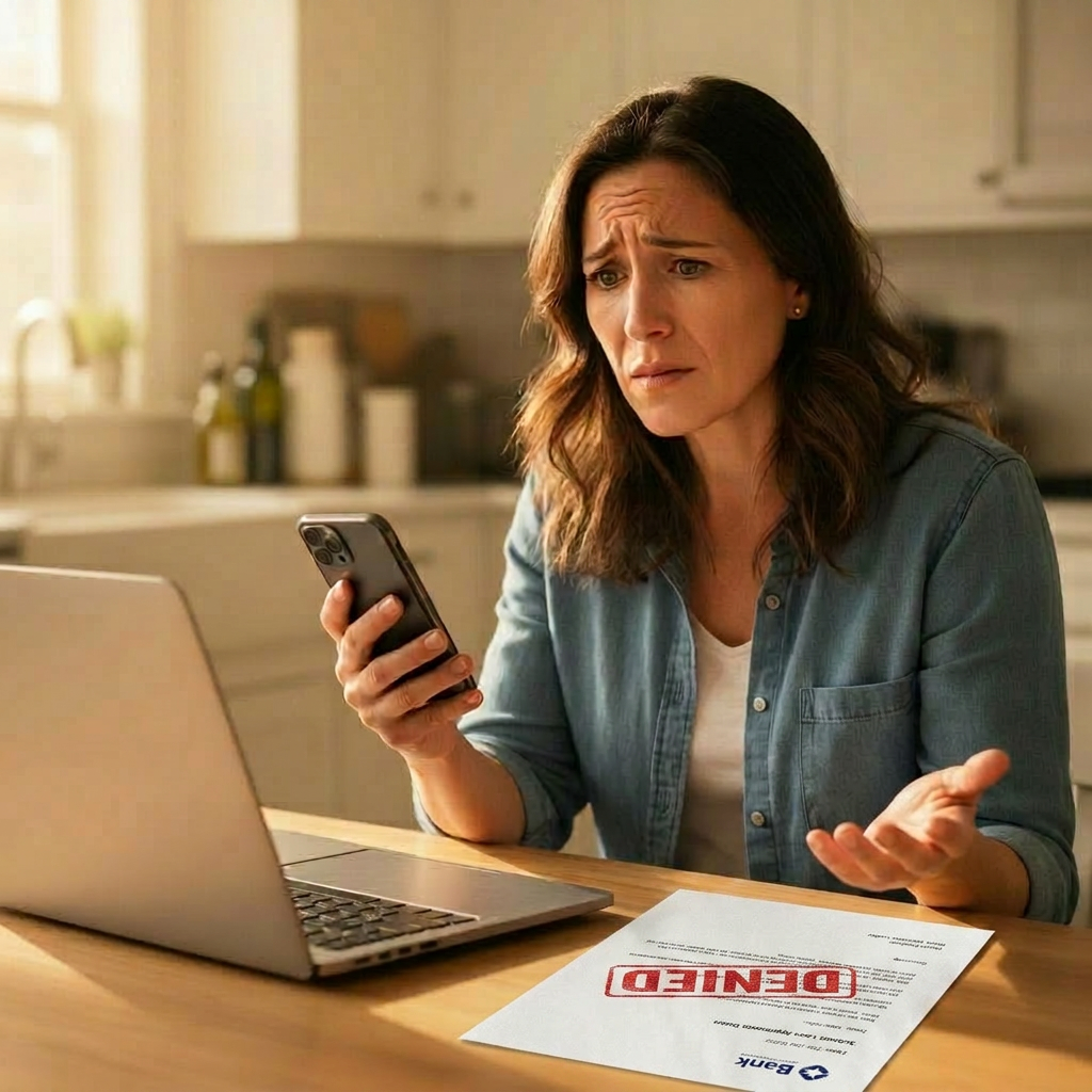 Canadian woman reviewing a bank denial letter and checking loan options on her phone